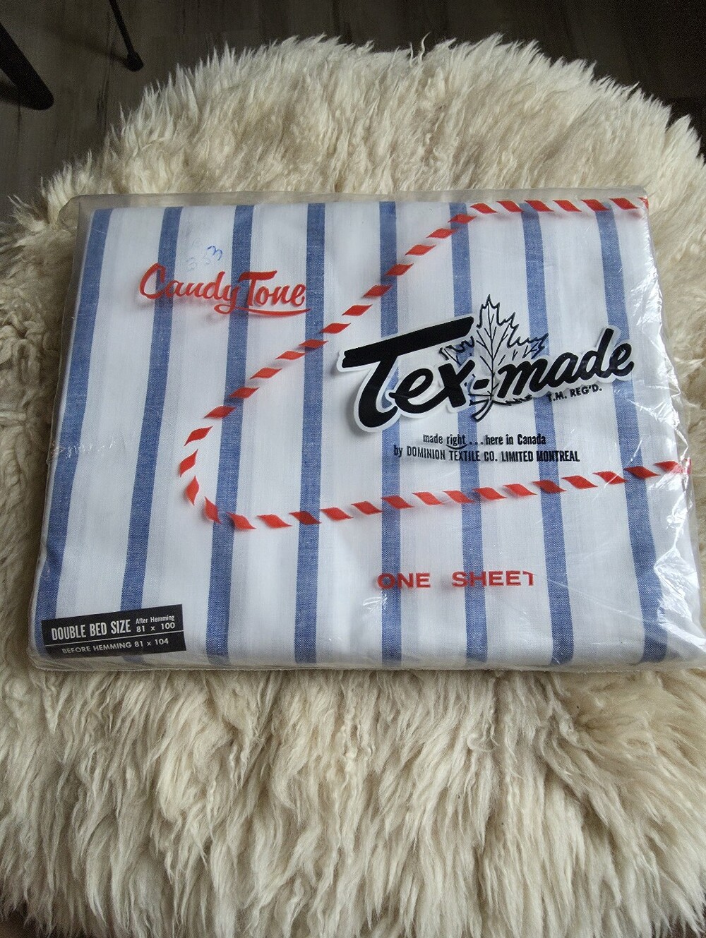 Vintage Texmade Flat Full White Sheet, Blue Stripes, New In  Original Pkg.